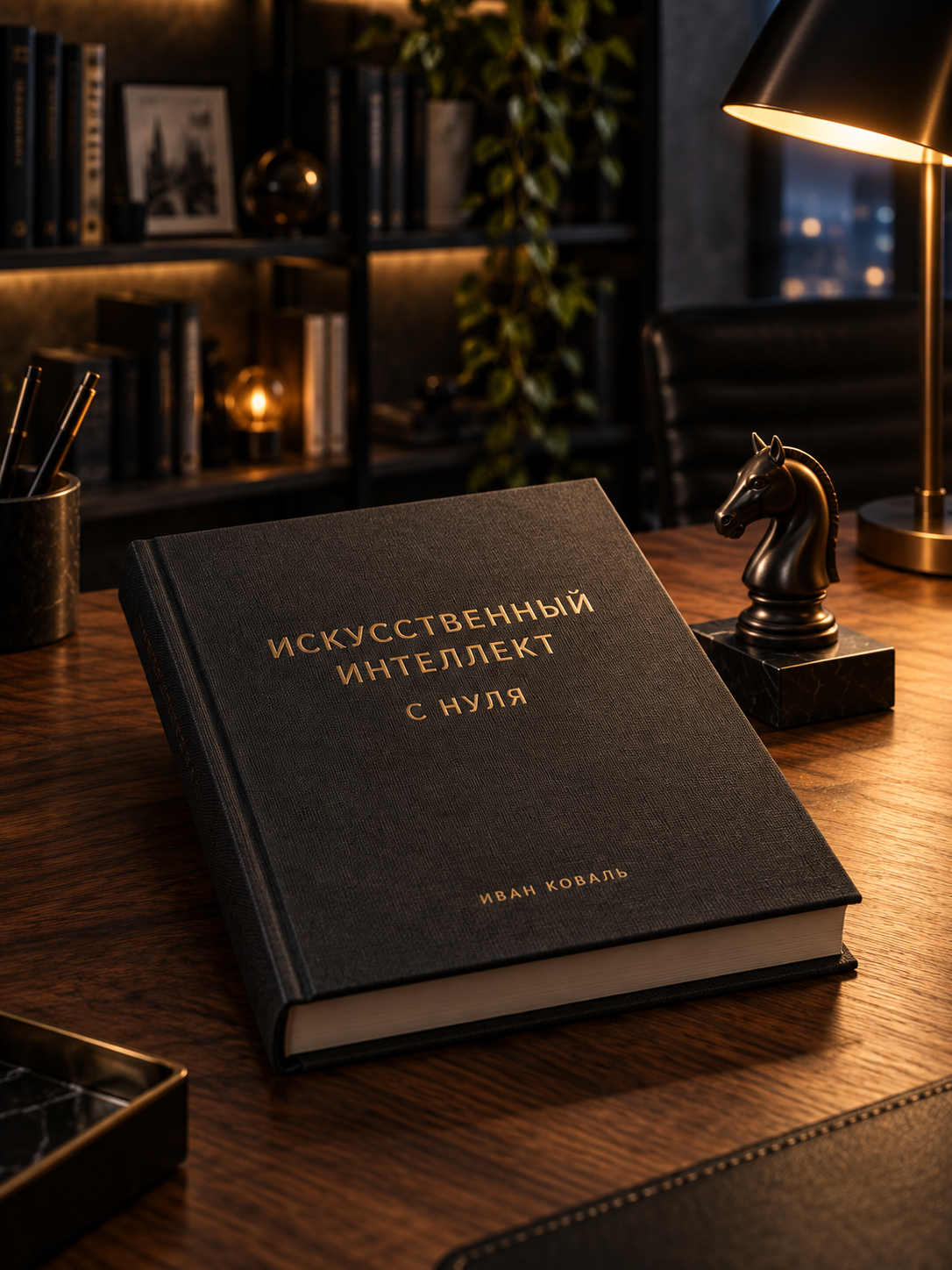 Визуальная обложка курса: книга «Искусственный интеллект с нуля» на ореховом столе рядом с шахматным конём